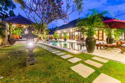 an exterior view of a villa with a swimming pool at Luxury Villa AnTan Central Seminyak in Seminyak