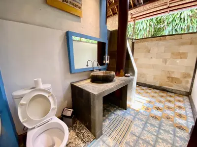 a bathroom with a sink and a toilet at Little Tree House in Sanur