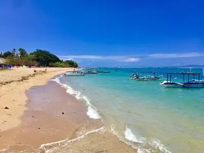 a beach with several boats in the water at Little Tree House in Sanur