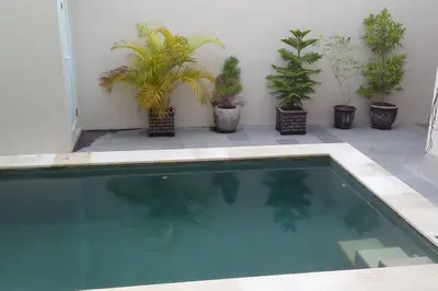a swimming pool with potted plants on a patio at Villa Keane Bali 2 BR, Private Pool in Seminyak