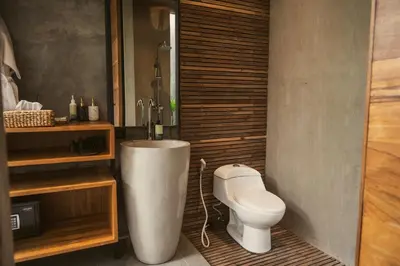 a bathroom with a sink and a toilet in it at Danu Villas Bali in Kerobokan