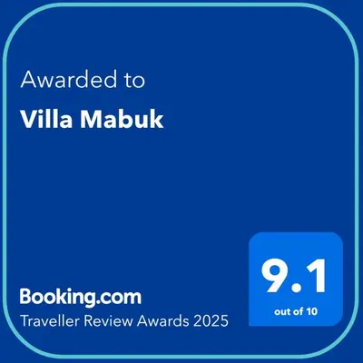 a blue text box with the words awarded to villa mandahu at Villa Mabuk in Legian