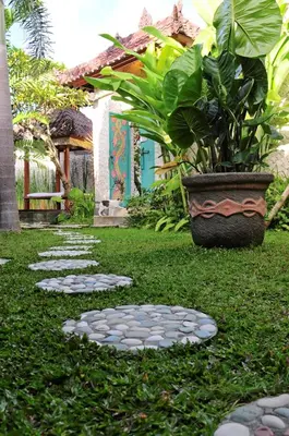 a garden with a potted plant and a walkway at Villa Domus De Janas in Seminyak