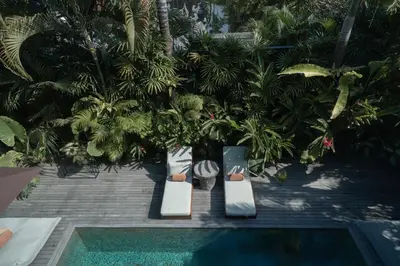a pool with two chairs next to a bunch of plants at Black Villas Canggu Beach by OXO in Canggu