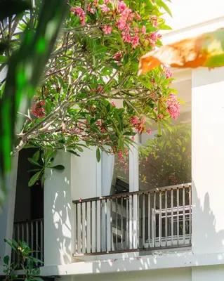 a white house with a balcony with pink flowers at Hola Seminyak in Seminyak