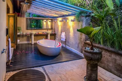 a bathroom with a tub and a potted plant at The Tirta Naga Villas in Seminyak