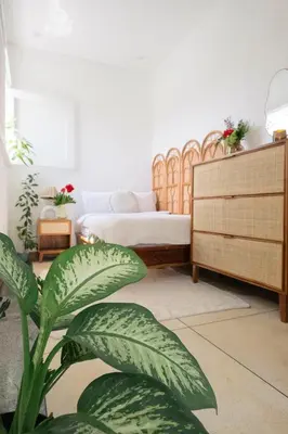 a living room with a bed and a plant at DORALICE by a Paddy Field in Kerobokan