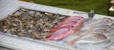 a tray of seafood and fish on a table at Morabito Art Villa in Canggu