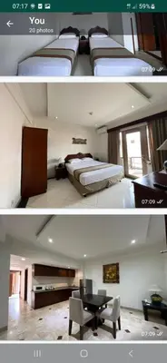 two pictures of a bedroom with a bed and a table at Two bedroom suite Apartment, Jayakarta,Legian, Unit 6420, block A ,4th floor in Seminyak