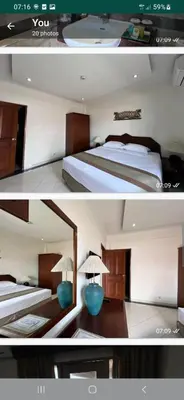 two pictures of a bedroom with a bed and a mirror at Two bedroom suite Apartment, Jayakarta,Legian, Unit 6420, block A ,4th floor in Seminyak