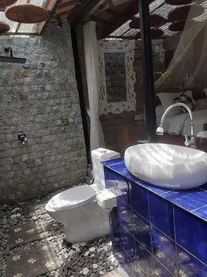 a bathroom with a toilet and a sink at Buratwangi Joglo House in Kerobokan