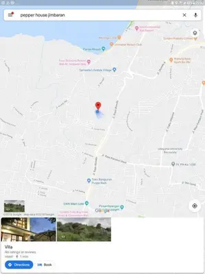 a screenshot of a google map with a red dot at 2 BR Pepper House Villa near GWK Jimbaran - garden view in Jimbaran