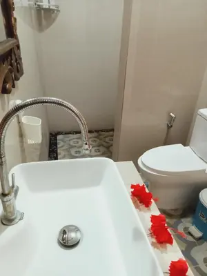 a bathroom with a sink and a toilet at Buratwangi Tropis House in Kerobokan
