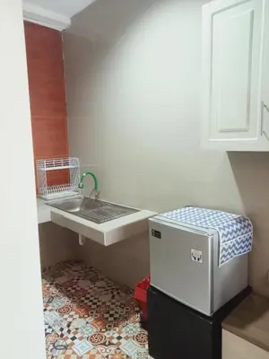a small kitchen with a sink and a refrigerator at Buratwangi Tropis House in Kerobokan