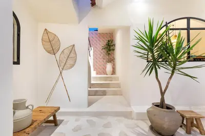 a living room with a potted plant and stairs at Casa Adem - Modern & Trendy 3BR Villa in Seminyak, 10 Minutes to the Beach with Private Pool in Seminyak