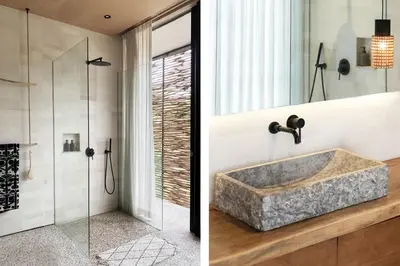 a bathroom with a stone sink and a shower at Sandhouse Berawa in Canggu