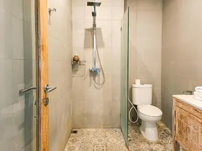 a bathroom with a shower with a toilet and a sink at New Villa Lotus 2BR Private Pool Villas in Seminyak