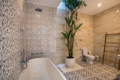 a bathroom with a tub and a toilet and a plant at Berawa Bali Beach Villas Canggu in Canggu