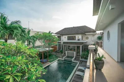 an external view of a house with a swimming pool at Dreamscape Bali Villas Canggu in Canggu