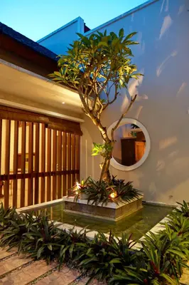 a bonsai tree in a courtyard in a house at Dreamscape Bali Villas Canggu in Canggu