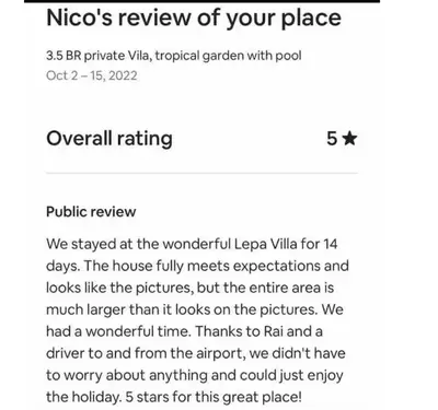 a screenshot of the nicos review of your place at Lepa Villa, Oasis in Legian in Seminyak