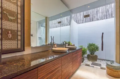 a bathroom with two sinks on a counter at Eshara 21 our Luxury 5BR Villa Escape and huge pool Oberoi Beach in Seminyak