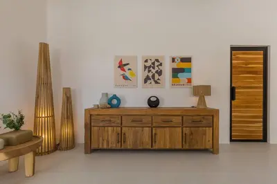 a living room with a wooden dresser in a room at Villa Kiara our Paradise in Seminyak 5 bedrooms 12m private pool in Seminyak