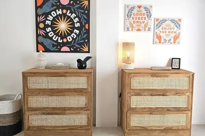 two wooden dressers in a room with a painting on the wall at Villa Kiara our Paradise in Seminyak 5 bedrooms 12m private pool in Seminyak