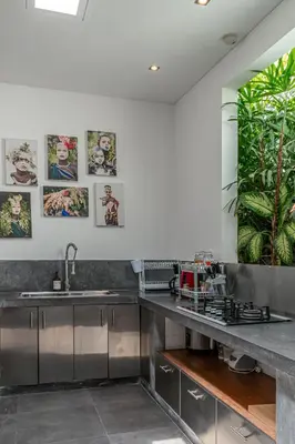 a kitchen with stainless steel appliances and plants at Villa Cempaka Ungu - Tranquil & Chic Pool 4-Bedroom Villa In The Heart Of Seminyak in Seminyak
