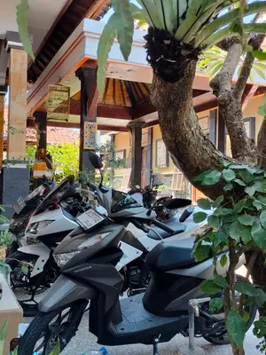 a row of motorcycles parked in front of a building at Tirtasuci House in Kuta