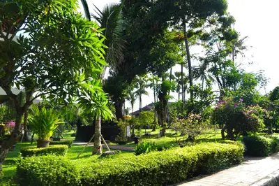 a park with trees and bushes and a sidewalk at Galayanee’s Resort Apartment in Seminyak