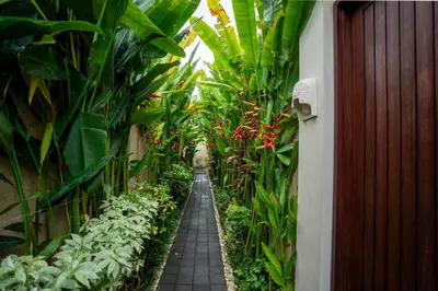 a walkway in a greenhouse with plants at Focus on 4 in Seminyak