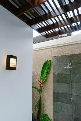 a plant sitting next to a wall with a door at Focus on 4 in Seminyak