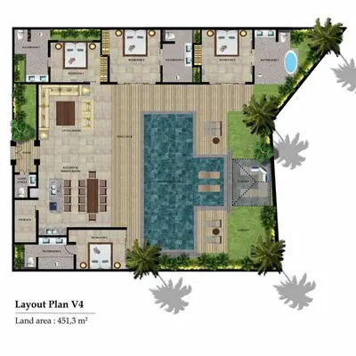 a floor plan of a villa with a swimming pool at Modern 4 BR Villa 400m to the Beach in Canggu in Canggu