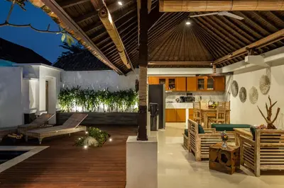 a room with a kitchen and a living room at 2 Bedroom Villa private Pool and BBQ Seminyak Bali in Seminyak