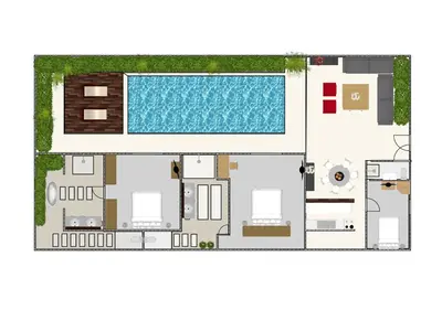 a floor plan of a villa with a swimming pool at Villa Kallayaan by Optimum Bali Villas in Seminyak