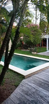 a swimming pool in a yard with palm trees at Balinese Luxury in The Centre of Seminyak in Legian