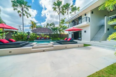 a view of the house from the backyard at Exquisite 4BD Luxury Villa in the Heart of Berawa in Canggu
