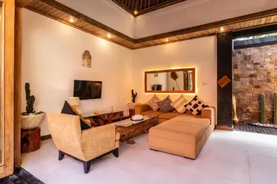a living room with a couch and chairs at PROMO DEAL Sweet Unique Hidden Gem 2 BD Villa - CONSTRUCTION NEARBY in Kerobokan