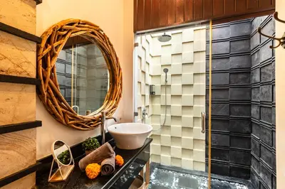 a bathroom with a sink and a mirror at PROMO DEAL Sweet Unique Hidden Gem 2 BD Villa - CONSTRUCTION NEARBY in Kerobokan