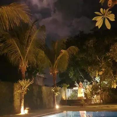 a swimming pool at night with palm trees at Villa Dharmatria in Nusa Dua