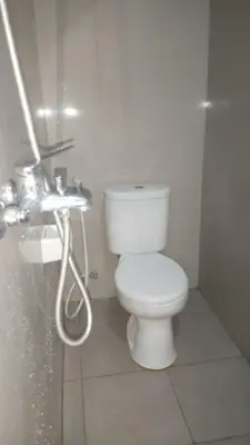 a bathroom with a white toilet and a shower at Chandra's house in Pesanggaran