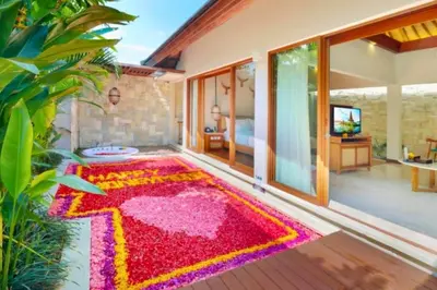 a room with a colorful rug on the floor at Beautiful 1BR Private Pool Villa in Seminyak