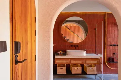 a bathroom with a sink and a mirror at Modern 1BR Private Pool Villa With Bathtub in Seminyak