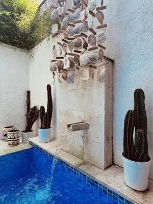 a swimming pool with cactuses and a water fountain at Oasis Villa Canggu in Kerobokan