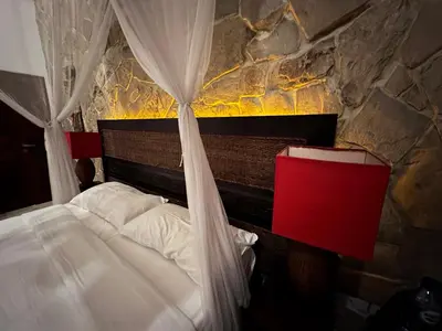 a bedroom with a bed with a mosquito net at Villa Petra Seminyak Bali in Seminyak