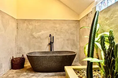 a bath tub in a bathroom with a cactus at Mantra Dom Villa 3 Bedrooms in Canggu