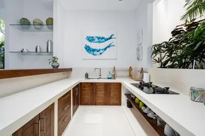 a kitchen with a sink and a counter at Villa Céline 1 Bdr pool Seminyak in Seminyak