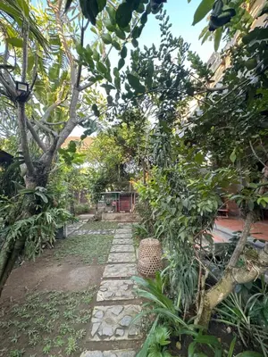 a garden with trees and a stone path at Bali Telaga Hati Yoga Healing and Retreat Center Villa in Sanur