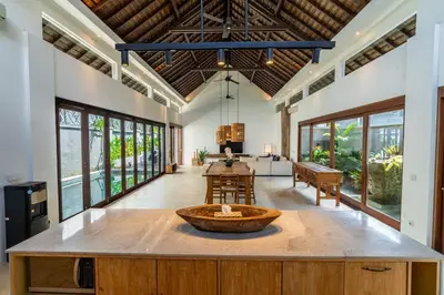 a large kitchen with a large bowl on the center island at Ocean Breeze Villa -4BR villa in Canggu in Canggu